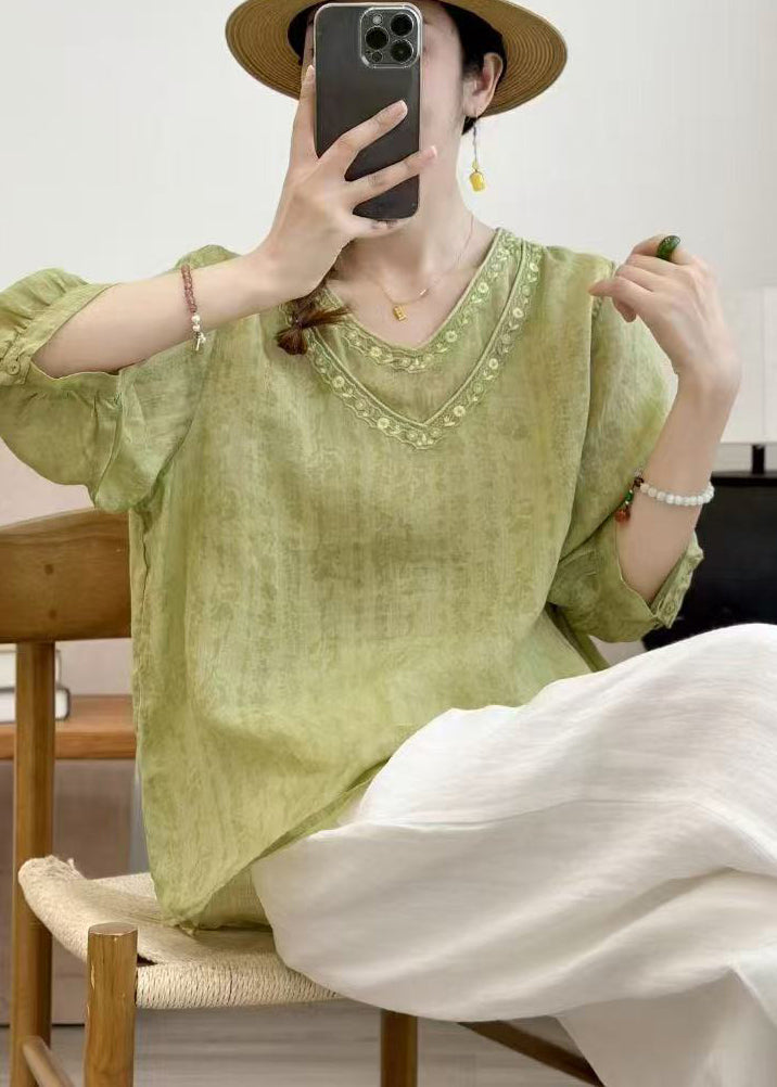 Plus Size Grass Green Embroidered Linen Top Half Sleeve