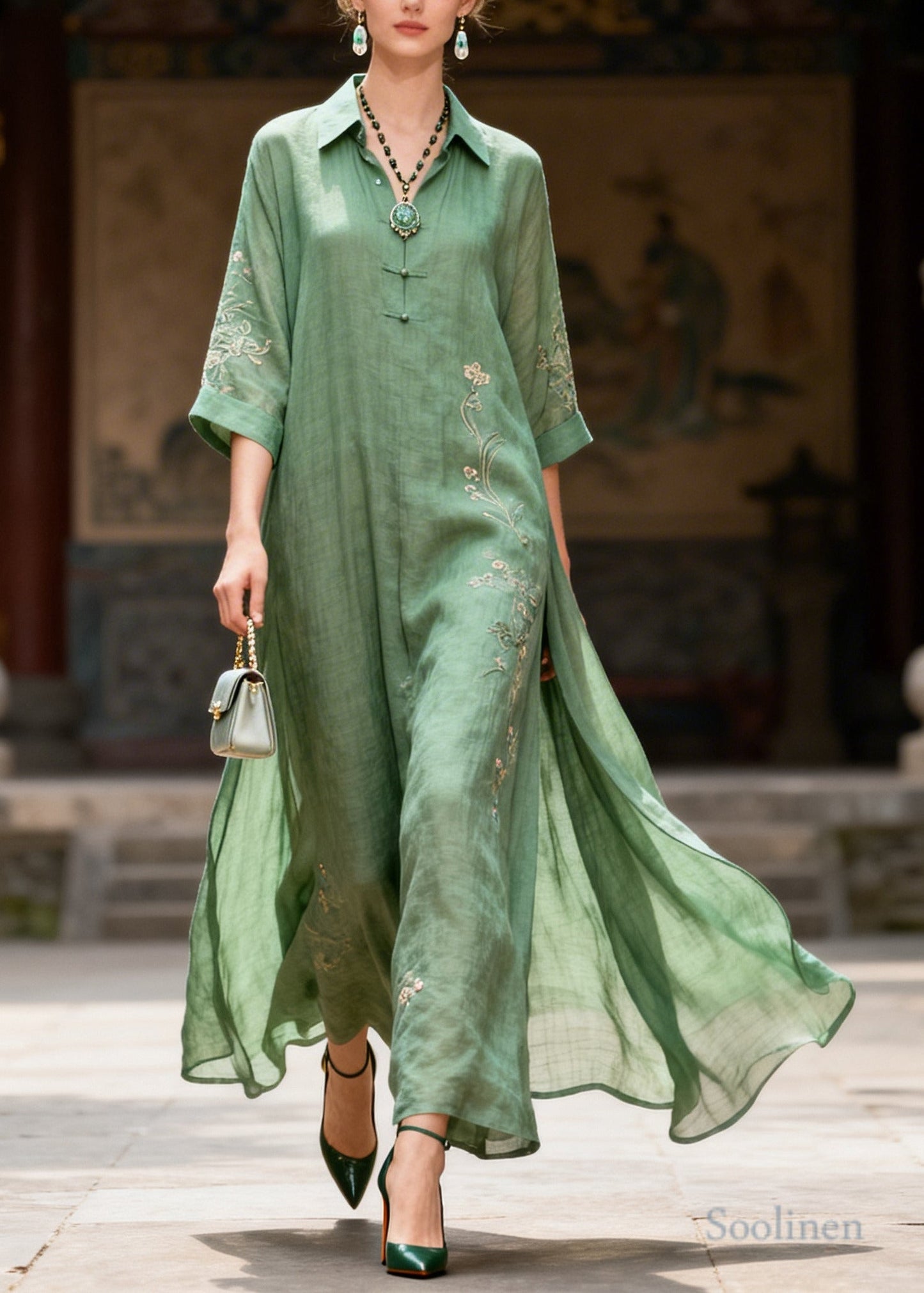Plus Size Green Embroidered Chinese Button Cotton Maxi Dresses Summer