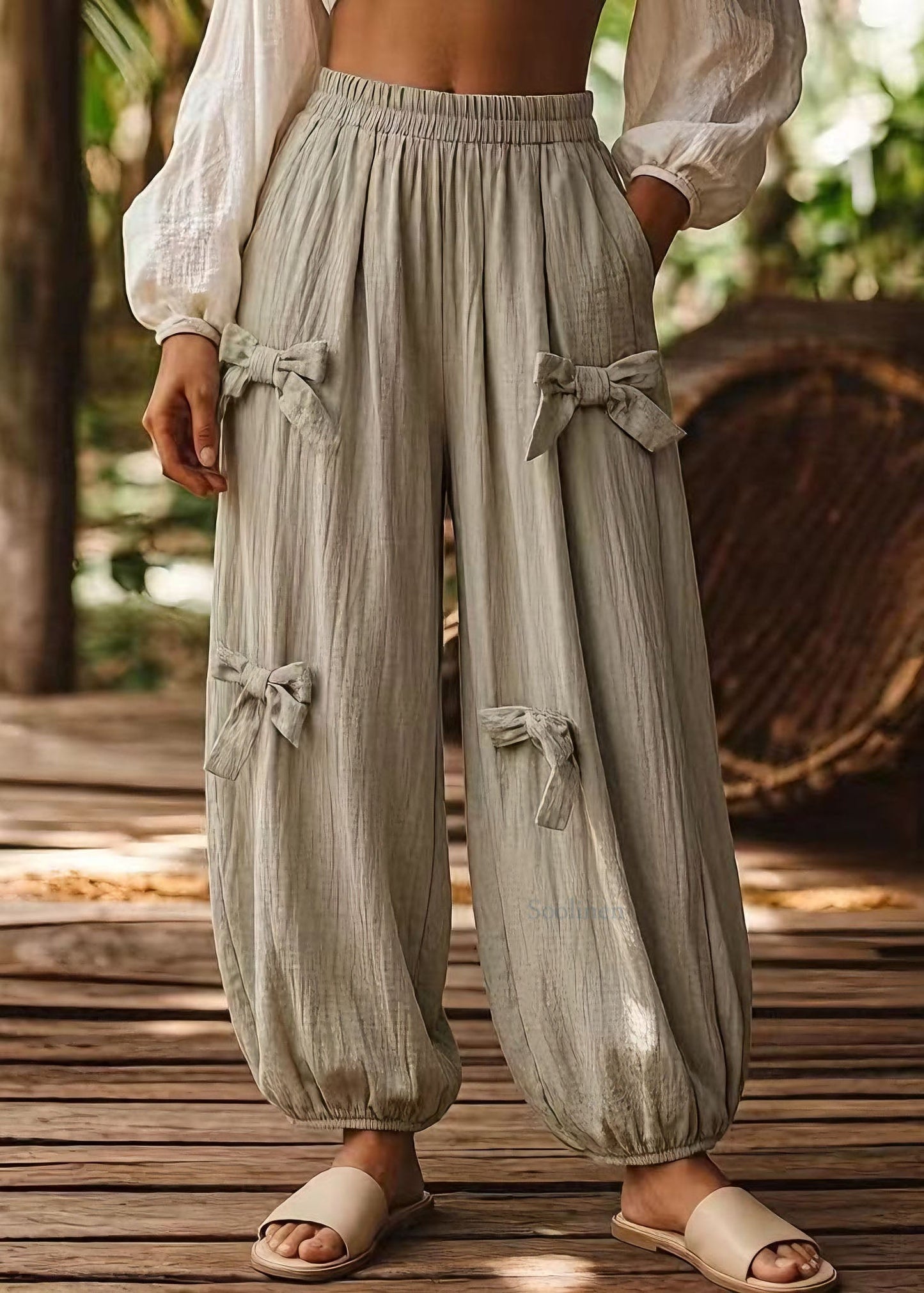 Plus Size Green Pockets Bow Elastic Waist Cotton Pants Summer