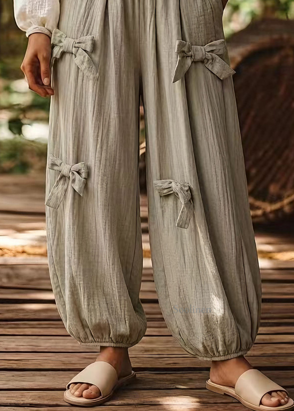 Plus Size Green Pockets Bow Elastic Waist Cotton Pants Summer