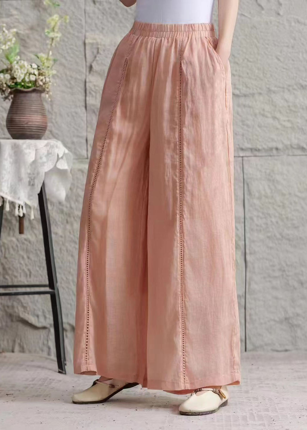 Plus Size Green Pockets Hollow Out Patchwork Linen Pants Summer