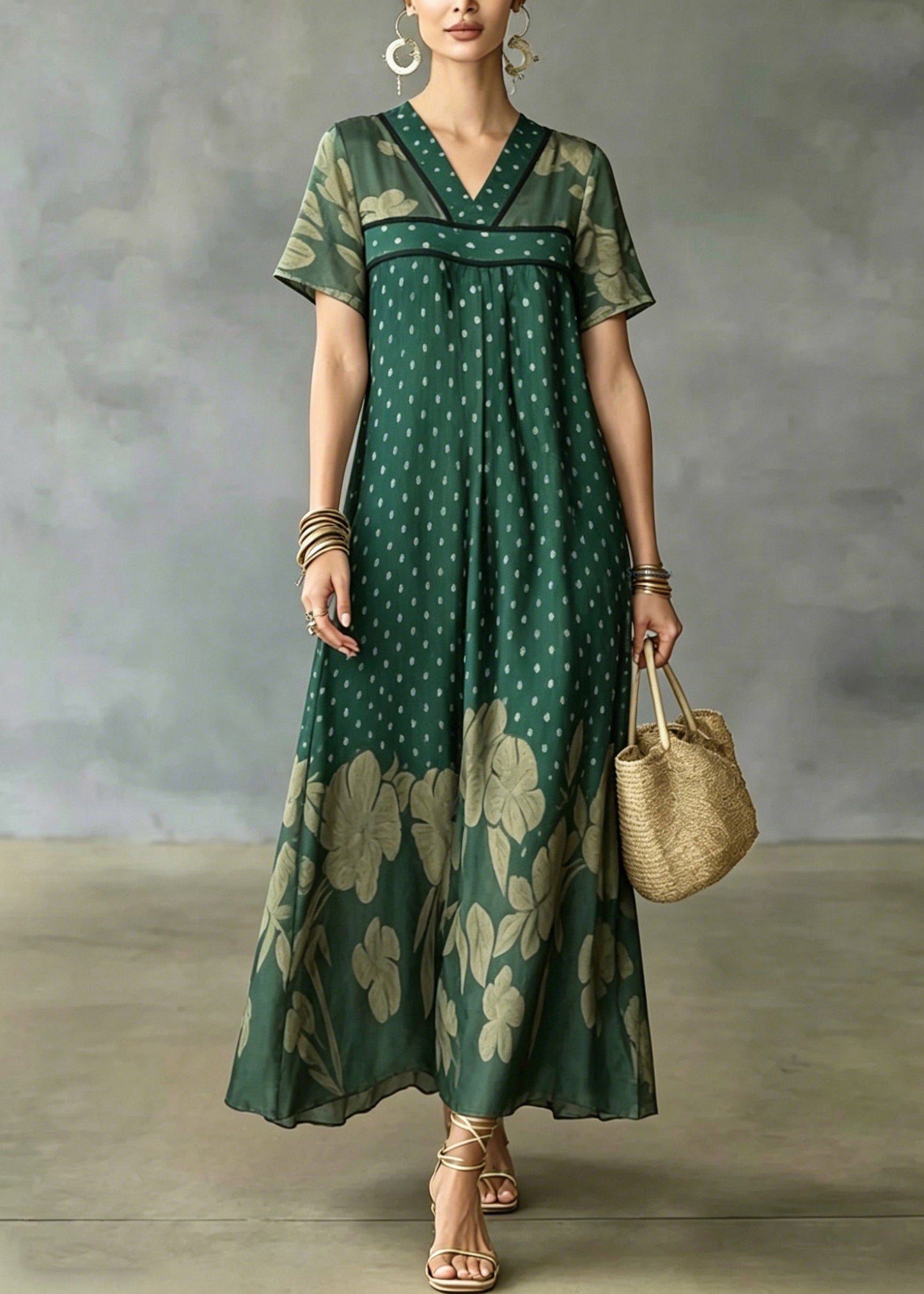 Plus Size Green V Neck Patchwork Ice Silk Long Dress Short Sleeve
