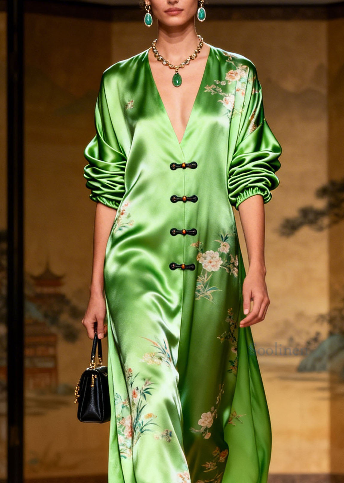 Plus Size Green V Neck Print Chinese Button Silk Long Dress Summer