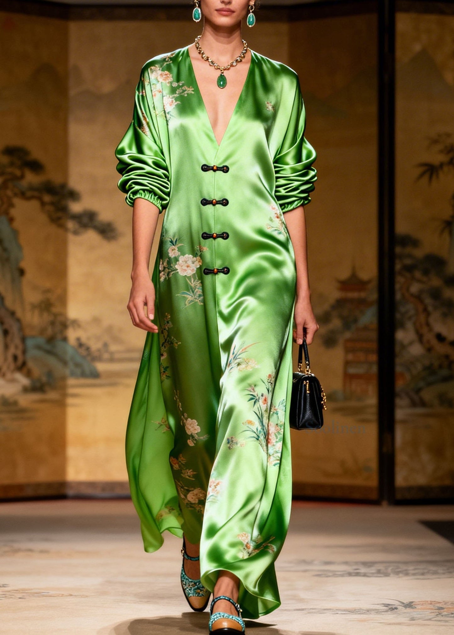 Plus Size Green V Neck Print Chinese Button Silk Long Dress Summer