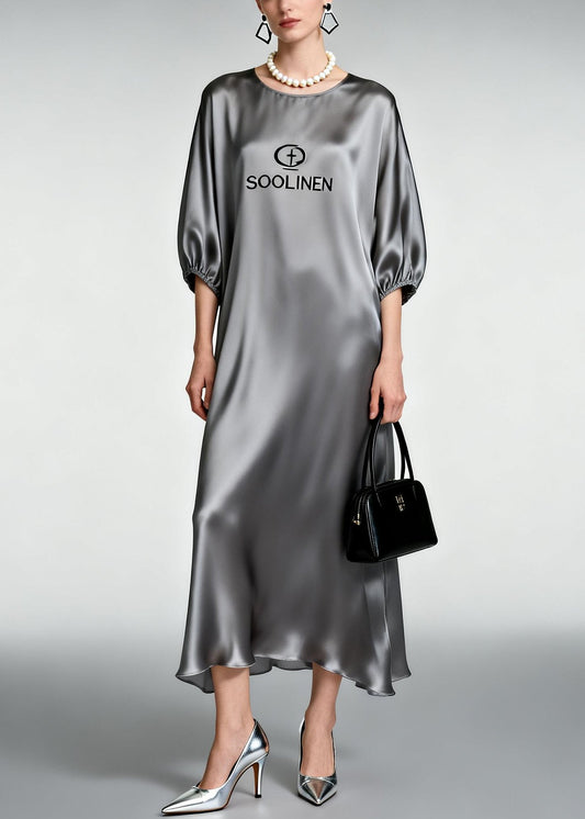 Plus Size Grey O-Neck Print Silk Ankle Dress Half Sleeve