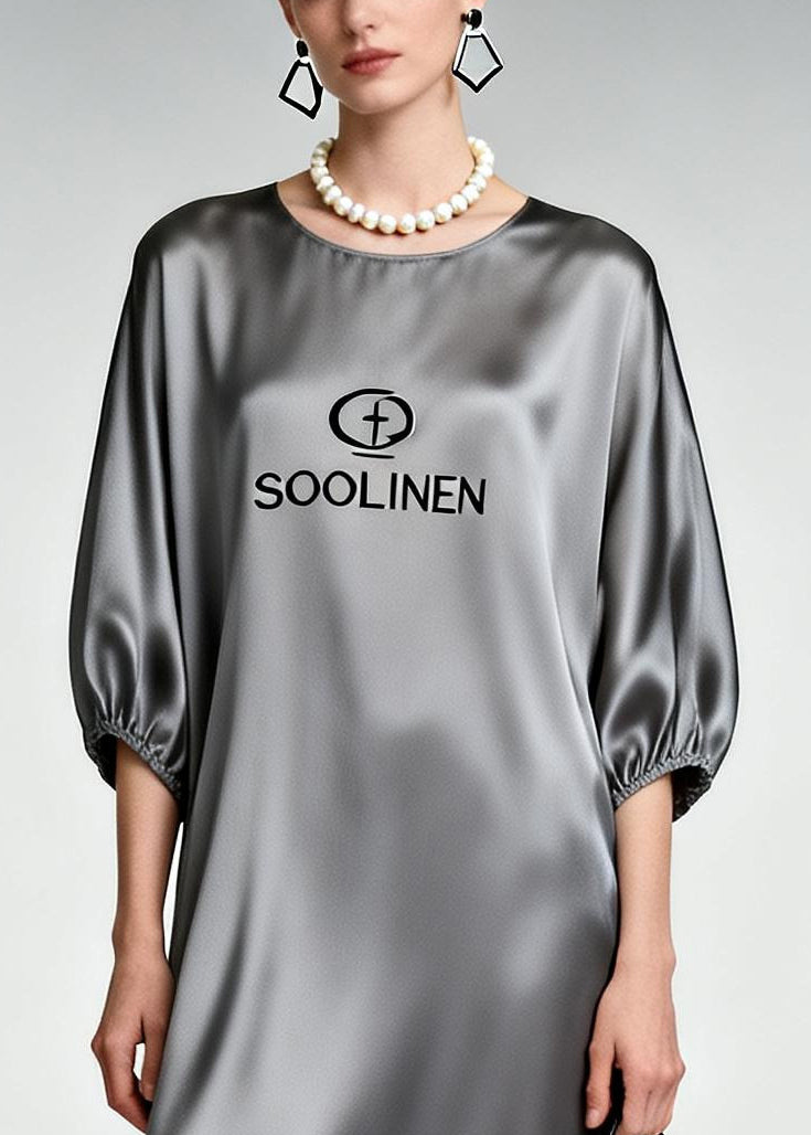 Plus Size Grey O-Neck Print Silk Ankle Dress Half Sleeve