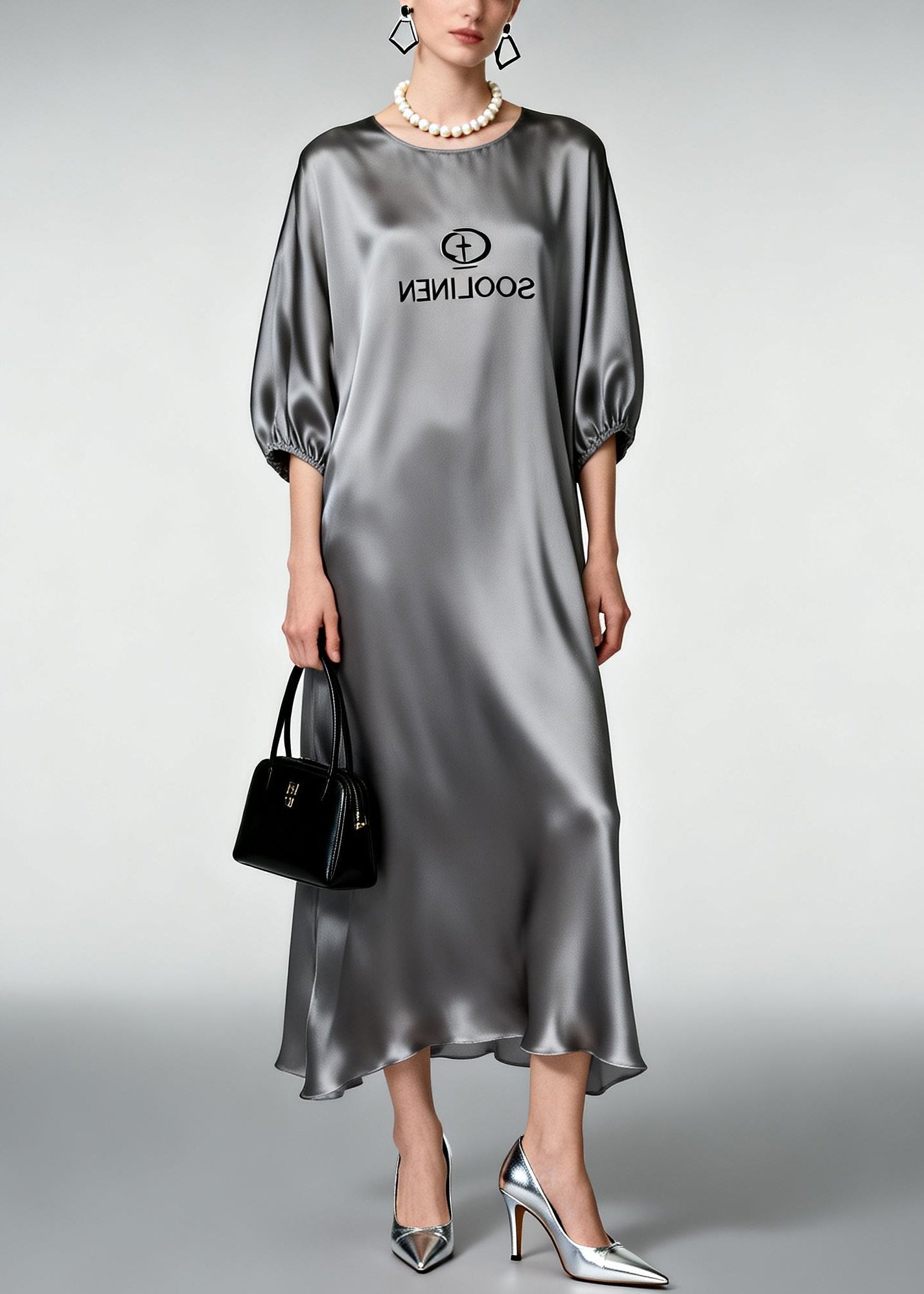 Plus Size Grey O-Neck Print Silk Ankle Dress Half Sleeve