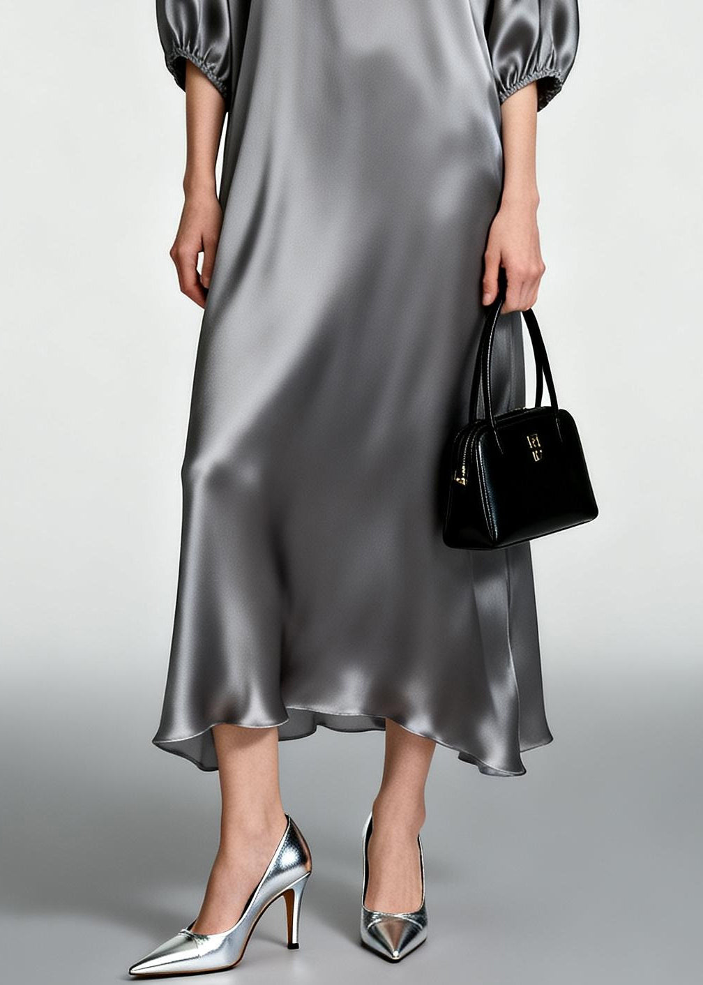 Plus Size Grey O-Neck Print Silk Ankle Dress Half Sleeve