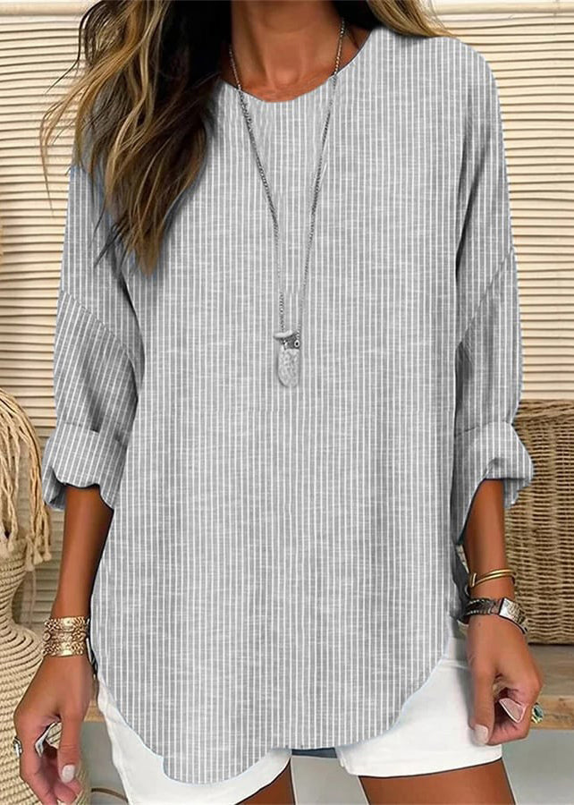 Plus Size Grey O Neck Striped Cotton Blouses Long Sleeve