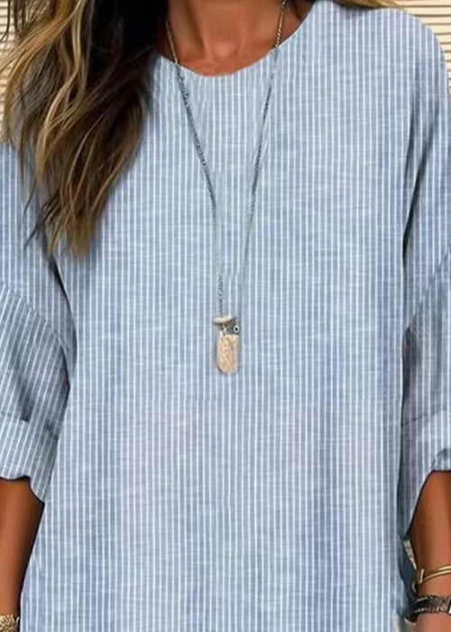 Plus Size Grey O Neck Striped Cotton Blouses Long Sleeve