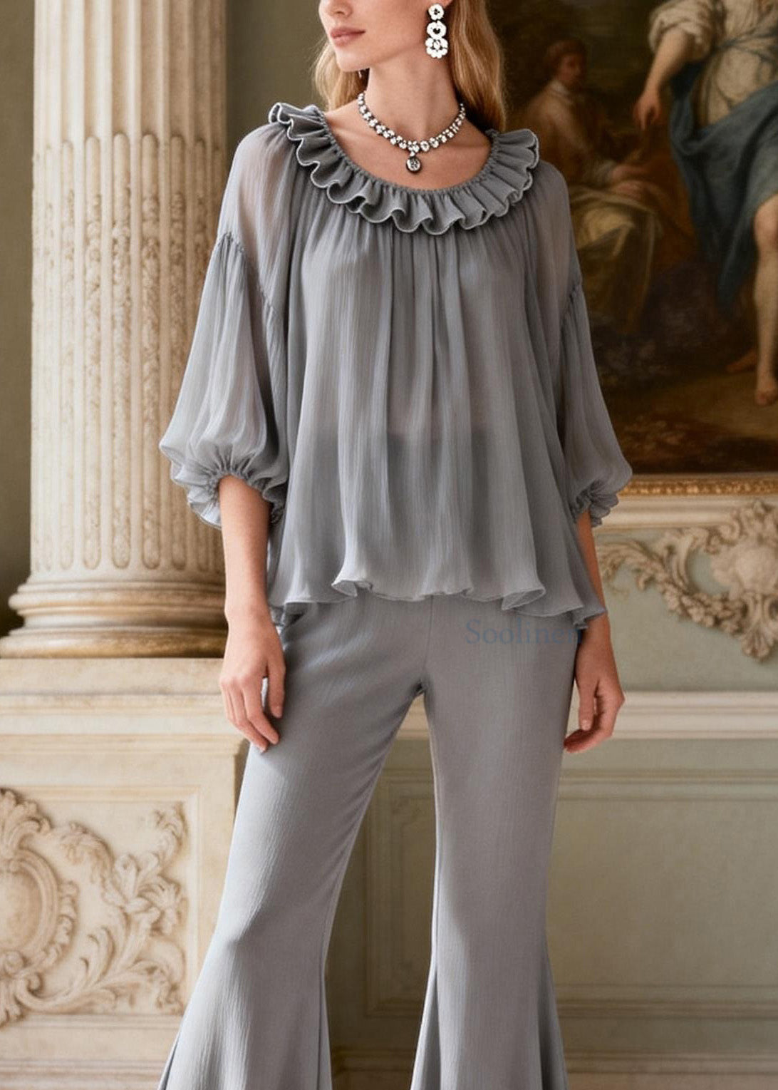 Plus Size Grey Ruffled Patchwork Silk Two Pieces Set Summer