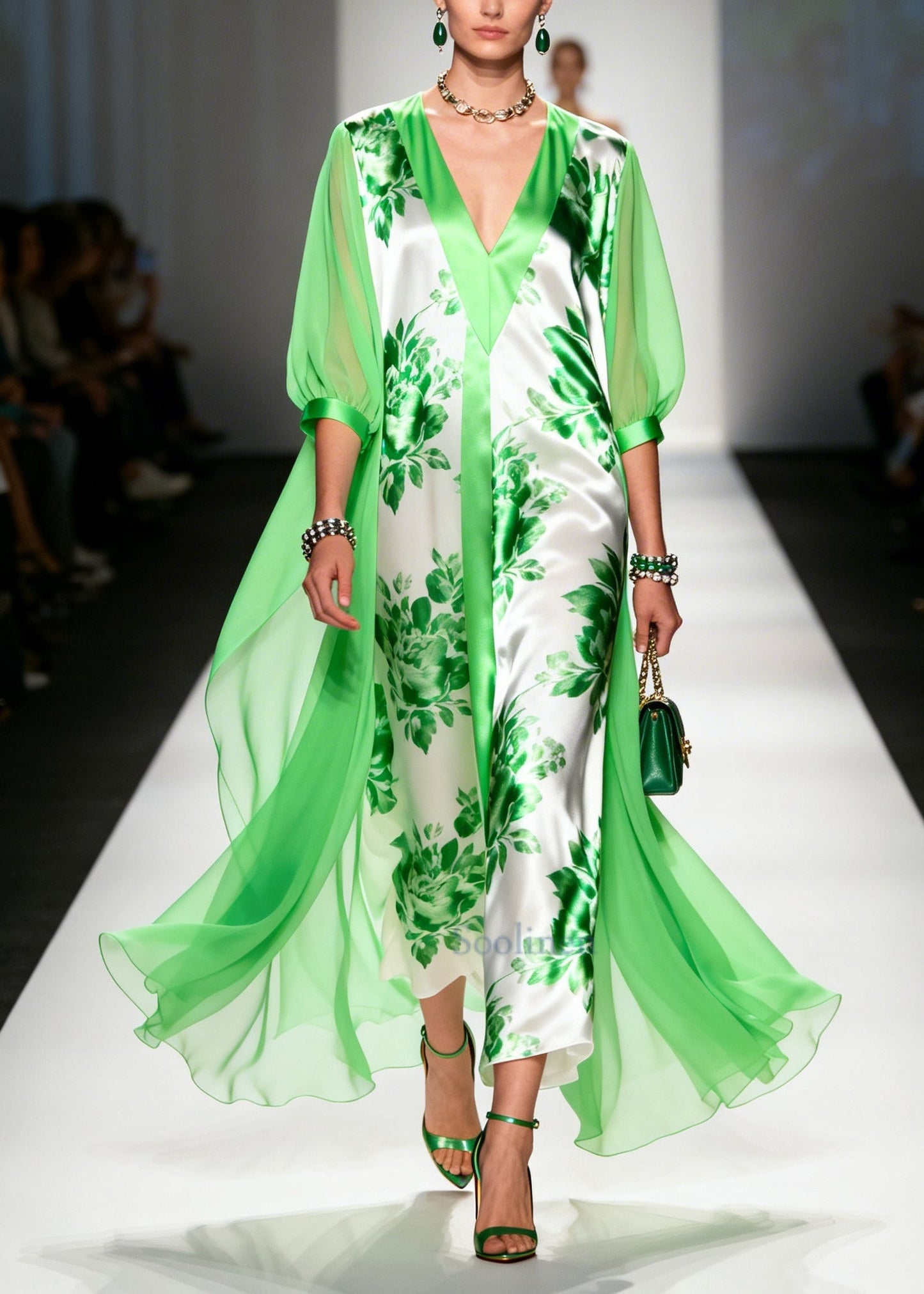 Plus Size Light Green V Neck Print Chiffon Ankle Dress Summer