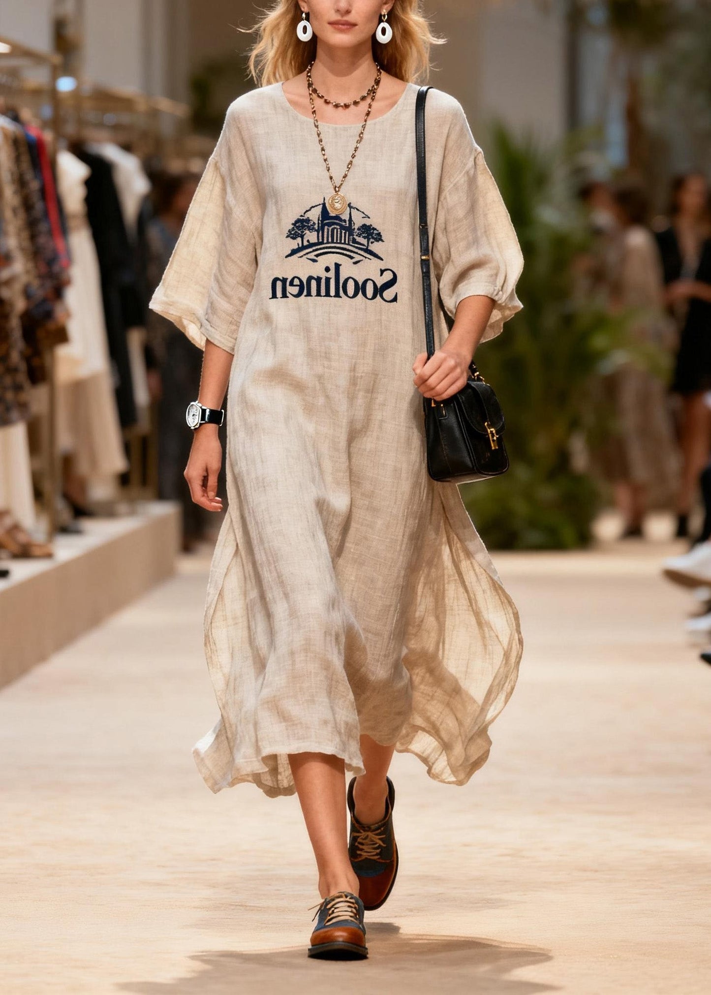 Plus Size O Neck Print Linen Long Dresses Summer
