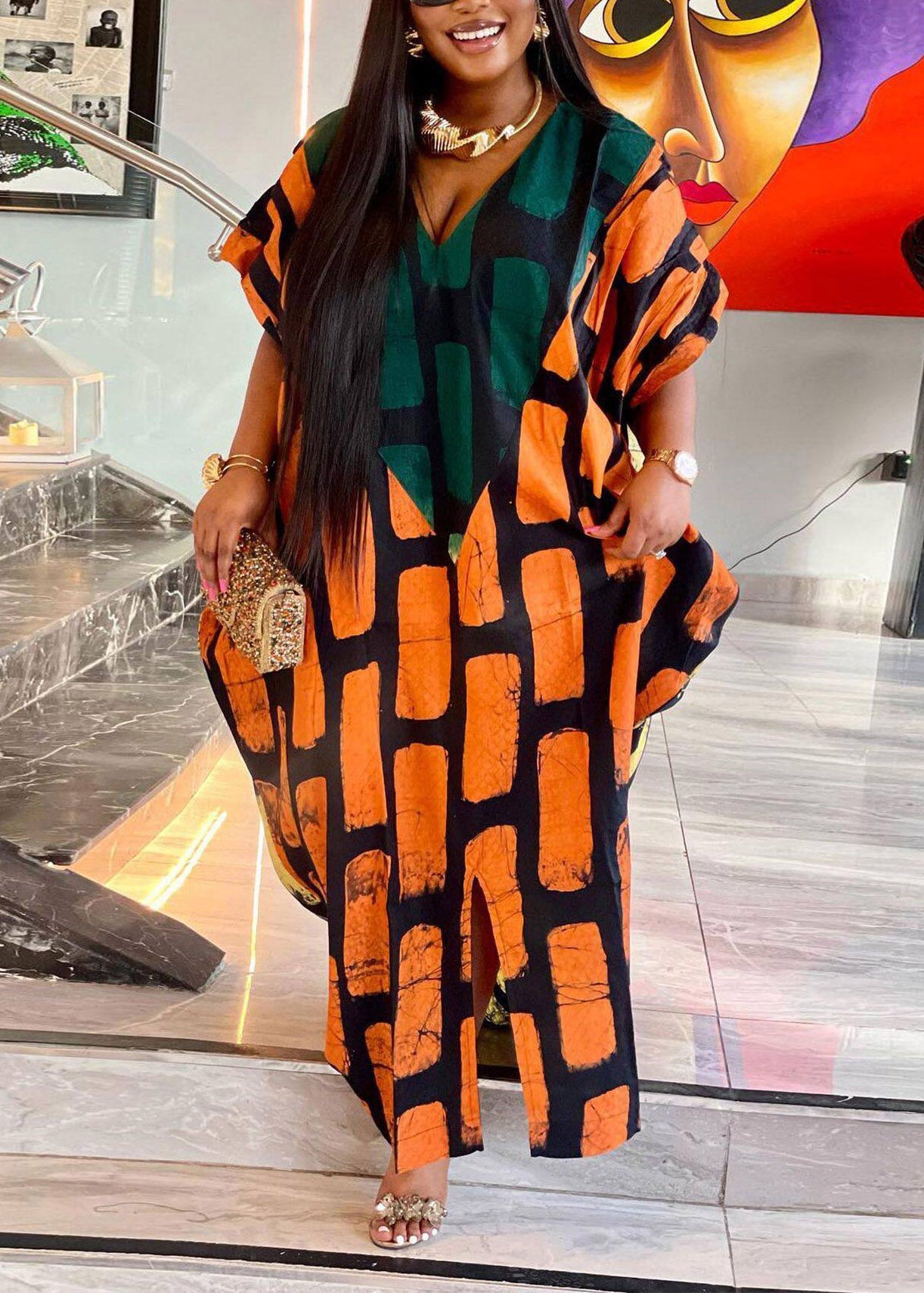 Plus Size Orange V Neck Plaid Holiday Long Dress Summer