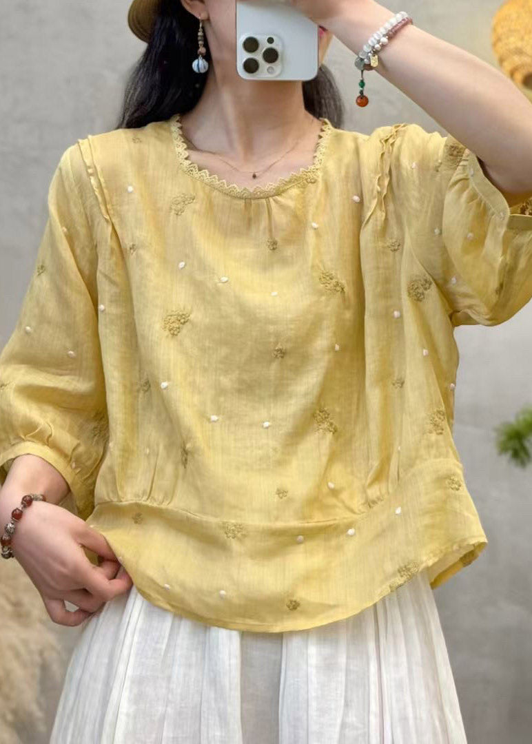 Plus Size Pink Patchwork Linen Shirts Embroidered Floral Summer