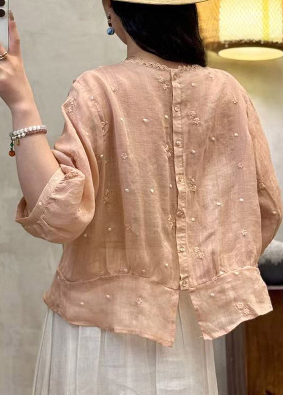 Plus Size Pink Patchwork Linen Shirts Embroidered Floral Summer