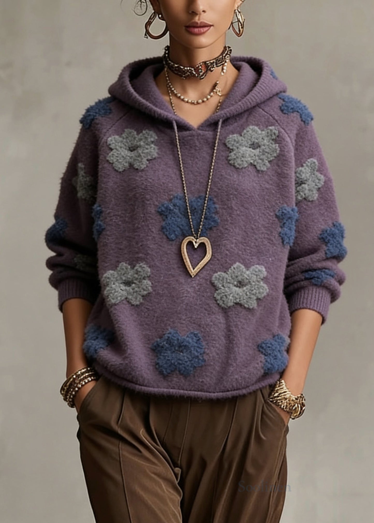 Plus Size Purple Floral Hooded Cotton Knit Sweaters Spring