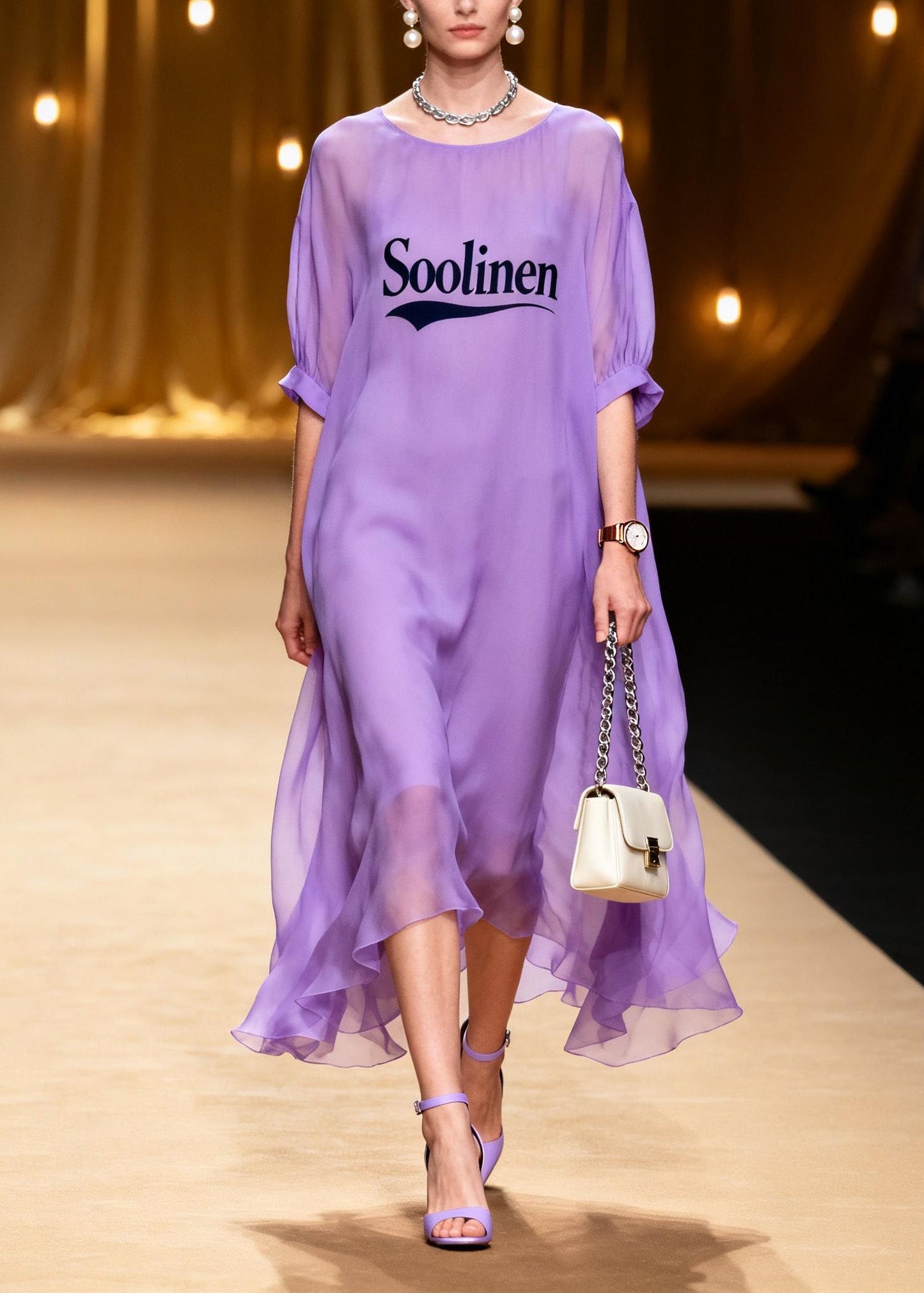 Plus Size Purple O Neck Print Chiffon Maxi Dresses Summer