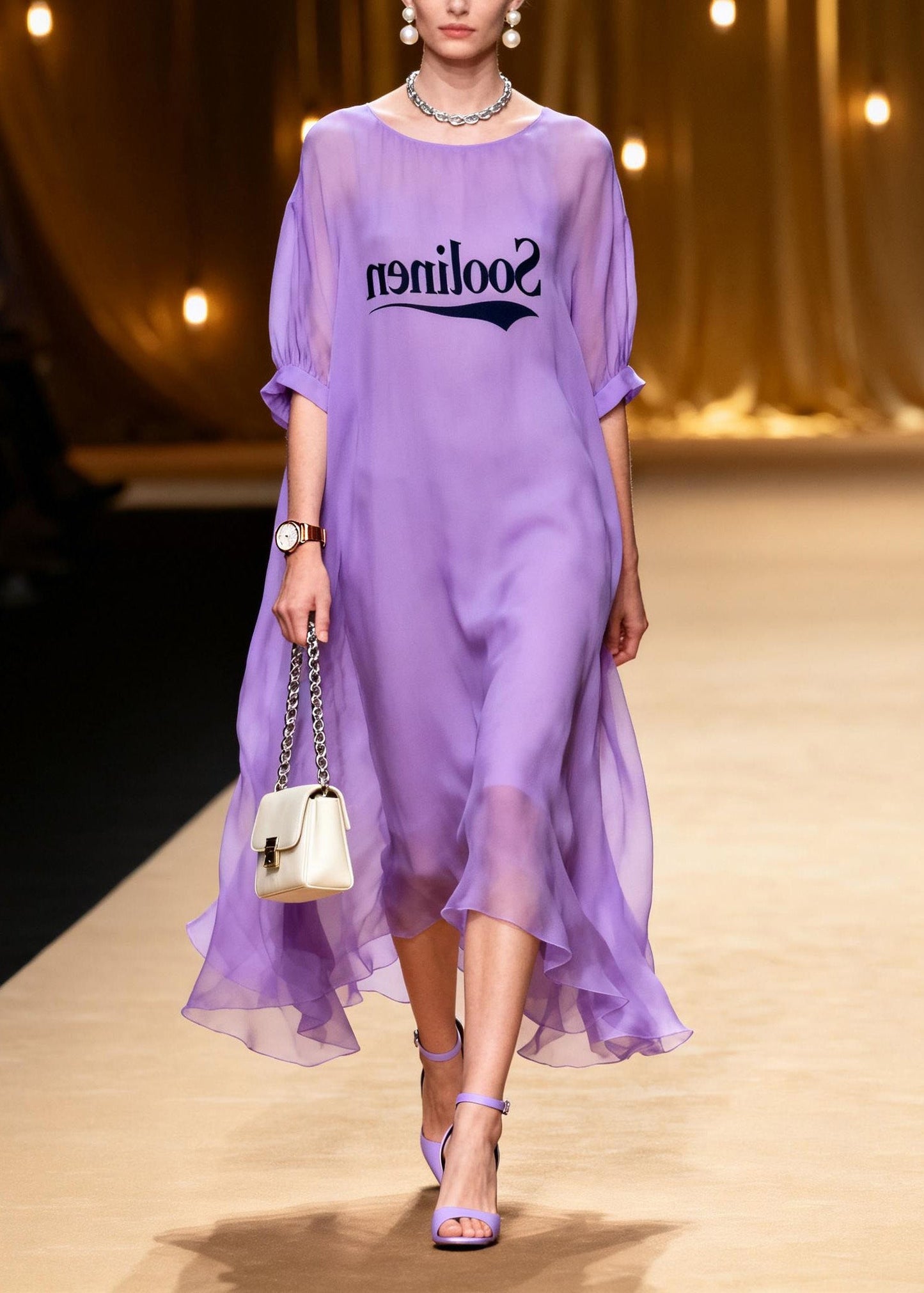 Plus Size Purple O Neck Print Chiffon Maxi Dresses Summer