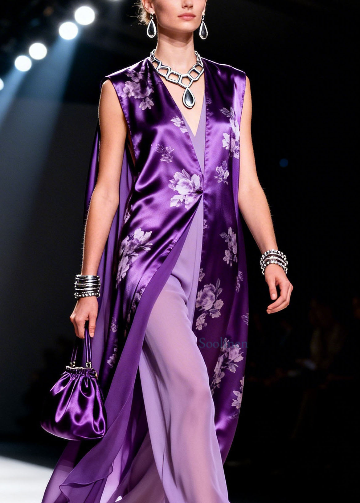 Plus Size Purple V Neck Print Chiffon Two Piece Suit Set Summer