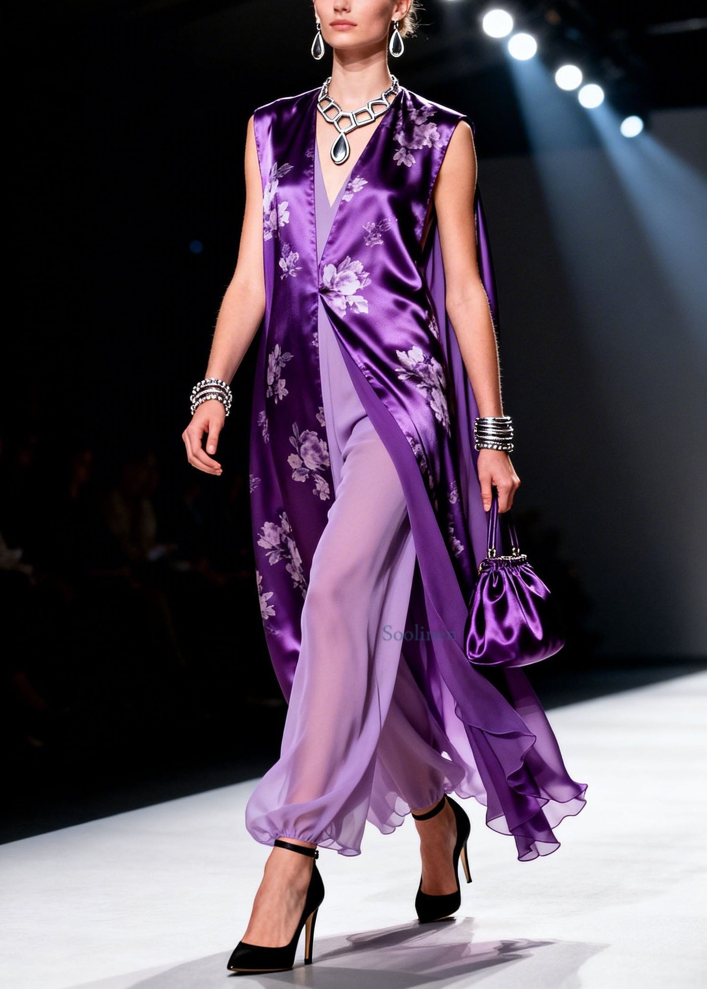 Plus Size Purple V Neck Print Chiffon Two Piece Suit Set Summer