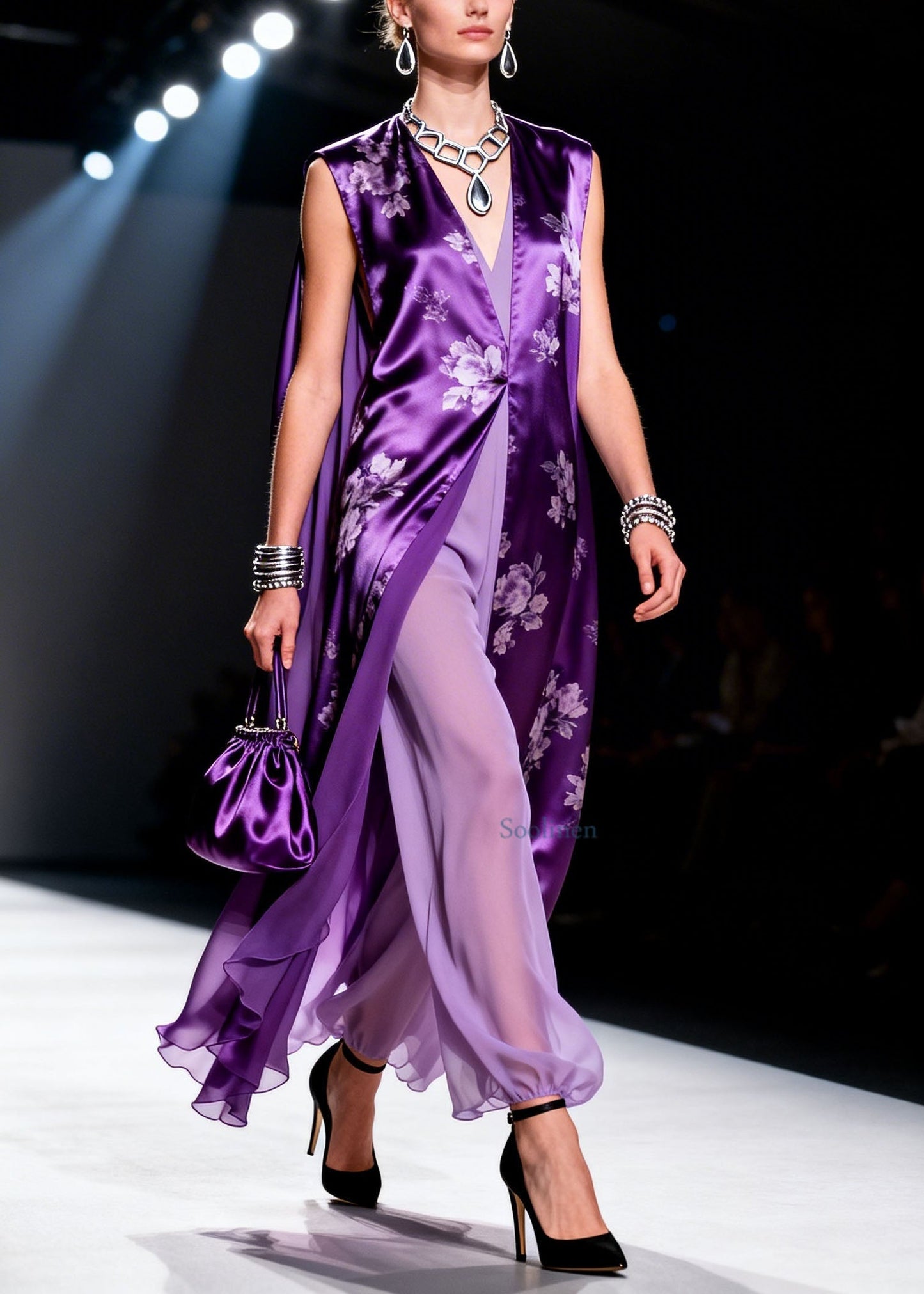 Plus Size Purple V Neck Print Chiffon Two Piece Suit Set Summer
