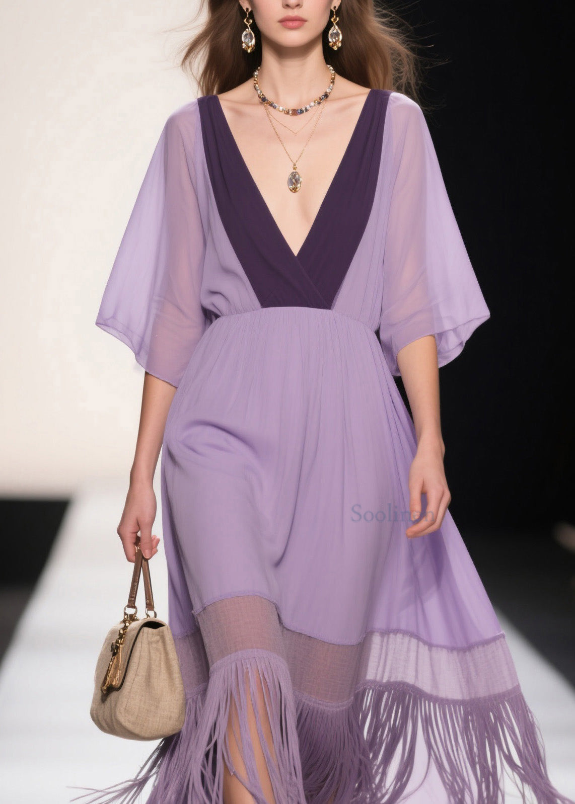 Plus Size Purple V Neck Tassel Patchwork Cotton Dress Summer
