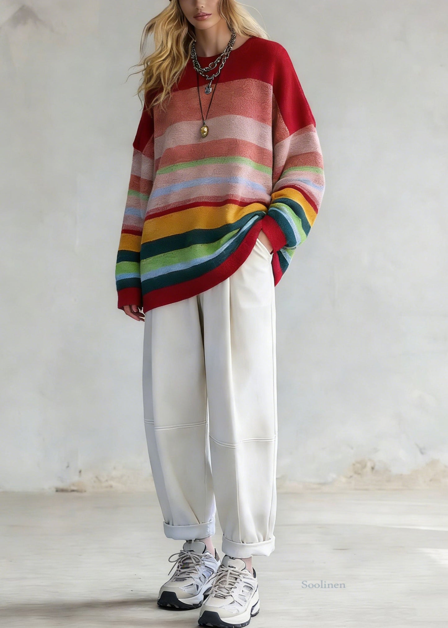 Plus Size Rainbow Striped O-Neck Knit Sweaters And White Pants Two Pieces Set Spring
