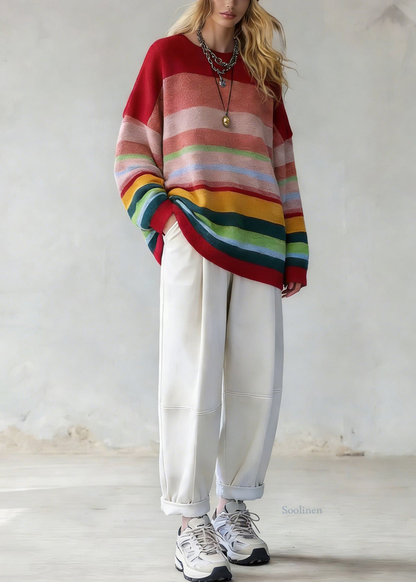 Plus Size Rainbow Striped O-Neck Knit Sweaters And White Pants Two Pieces Set Spring