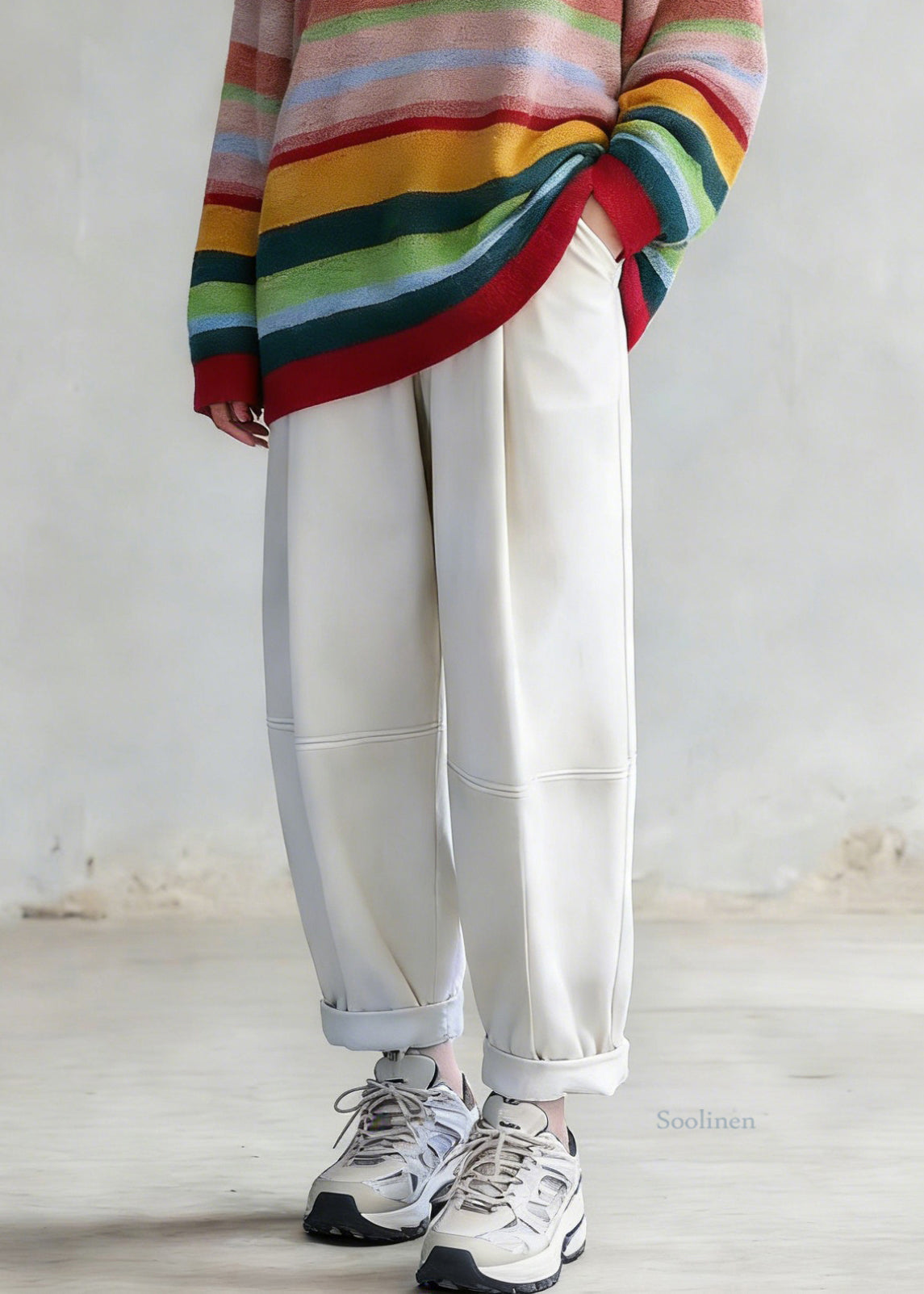 Plus Size Rainbow Striped O-Neck Knit Sweaters And White Pants Two Pieces Set Spring