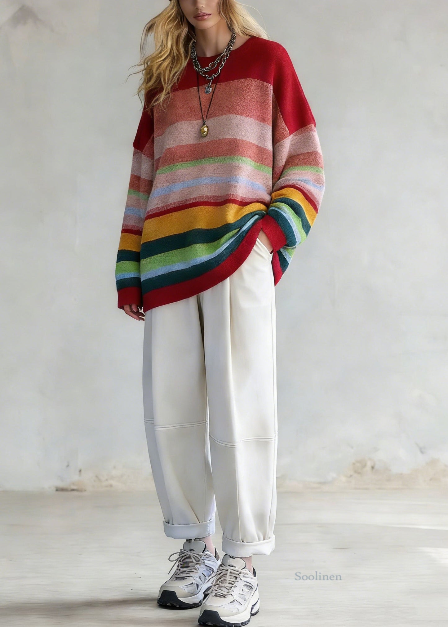 Plus Size Rainbow Striped O-Neck Knit Sweaters And White Pants Two Pieces Set Spring