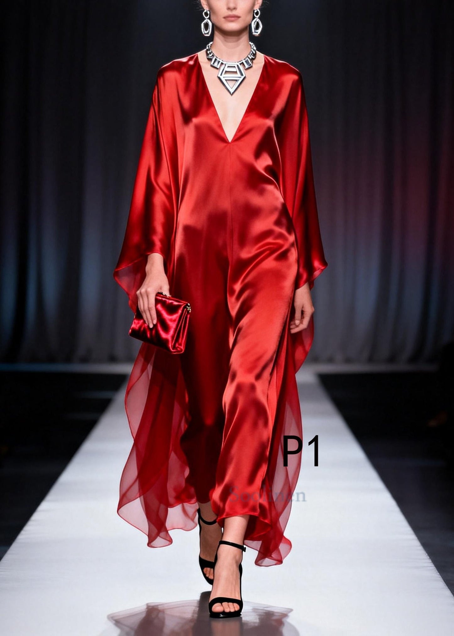 Plus Size Red Oversized Draping Chiffon Robe Dresses Summer