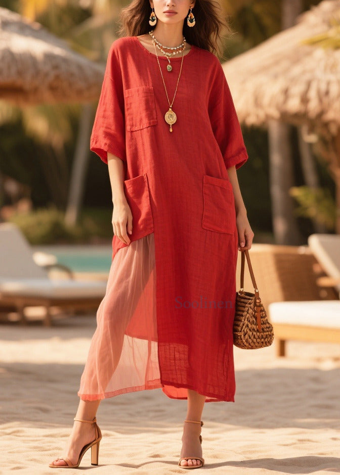 Plus Size Red Oversized Tulle Patchwork Pockets Cotton Dress Summer