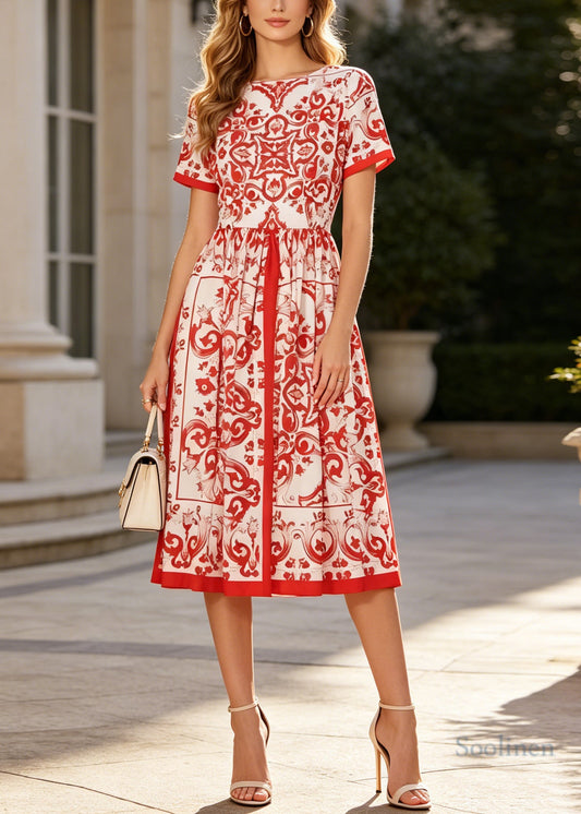 Plus Size Red Print Exra Large Hem Cotton Tea Dresses Summer