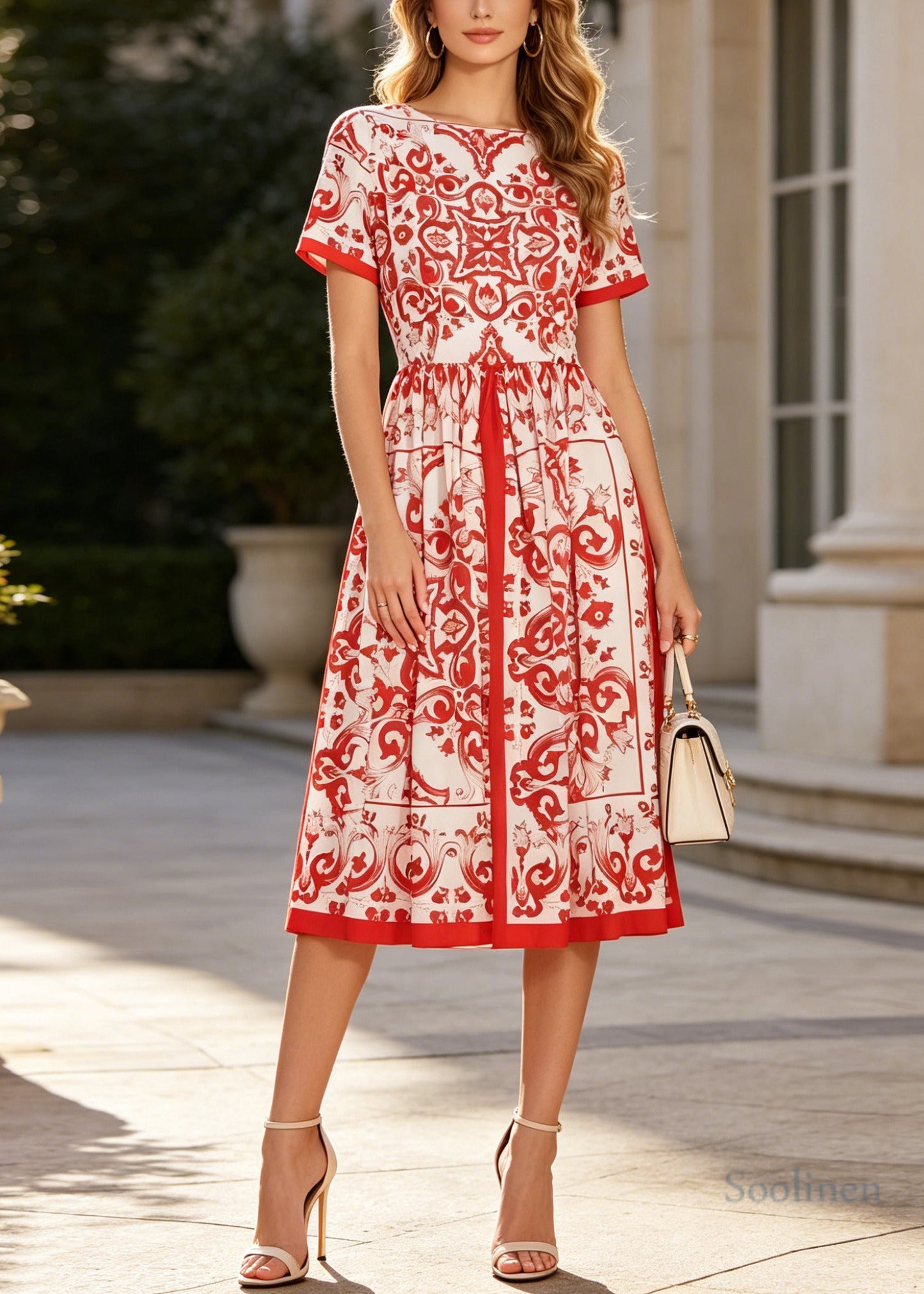 Plus Size Red Print Exra Large Hem Cotton Tea Dresses Summer