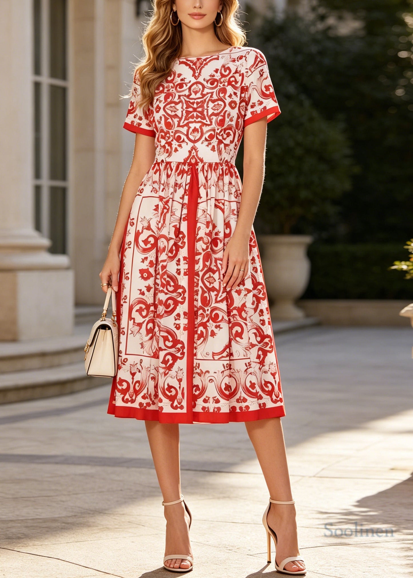 Plus Size Red Print Exra Large Hem Cotton Tea Dresses Summer