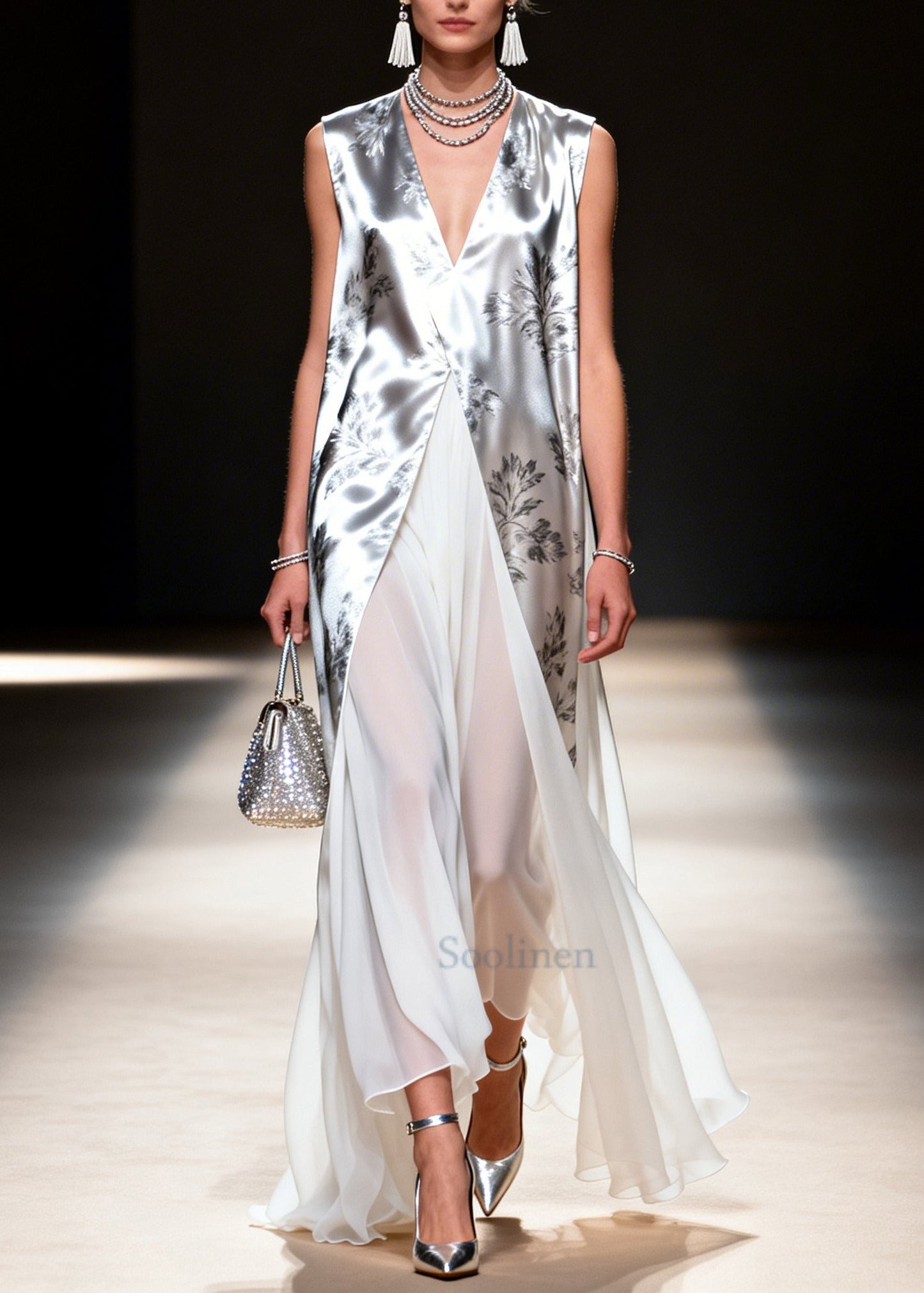 Plus Size Silvery Print Patchwork Chiffon Fake Two Piece Dress Sleeveless