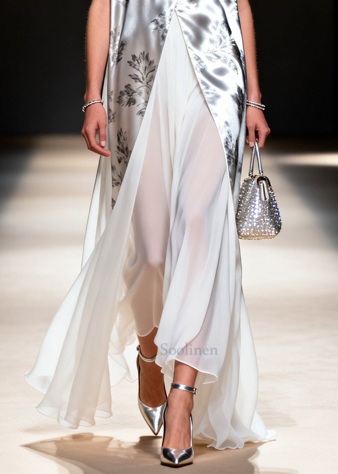 Plus Size Silvery Print Patchwork Chiffon Fake Two Piece Dress Sleeveless