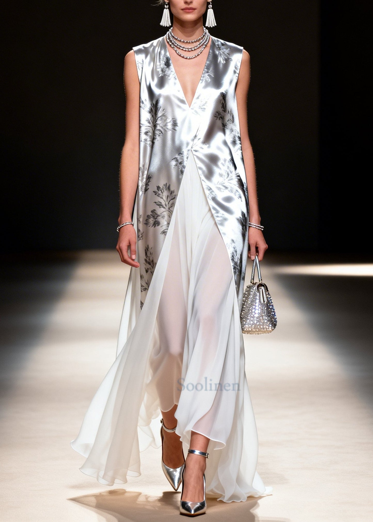 Plus Size Silvery Print Patchwork Chiffon Fake Two Piece Dress Sleeveless