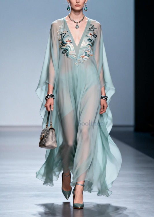 Plus Size Sky Blue Print Draping Chiffon Maxi Dress Batwing Sleeve