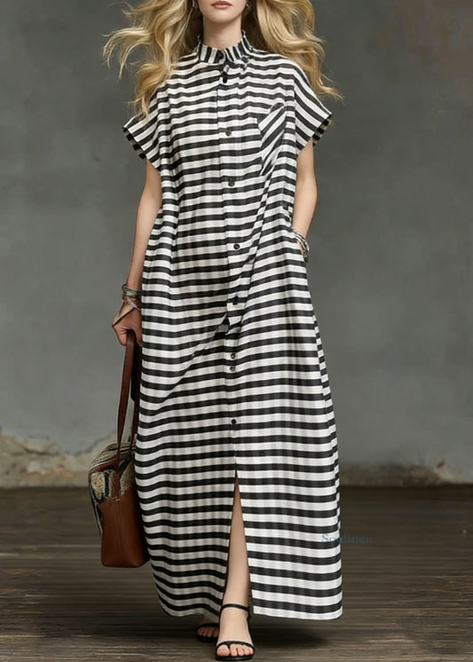 Plus Size Striped Pockets Side Open Cotton Long Dresses Summer