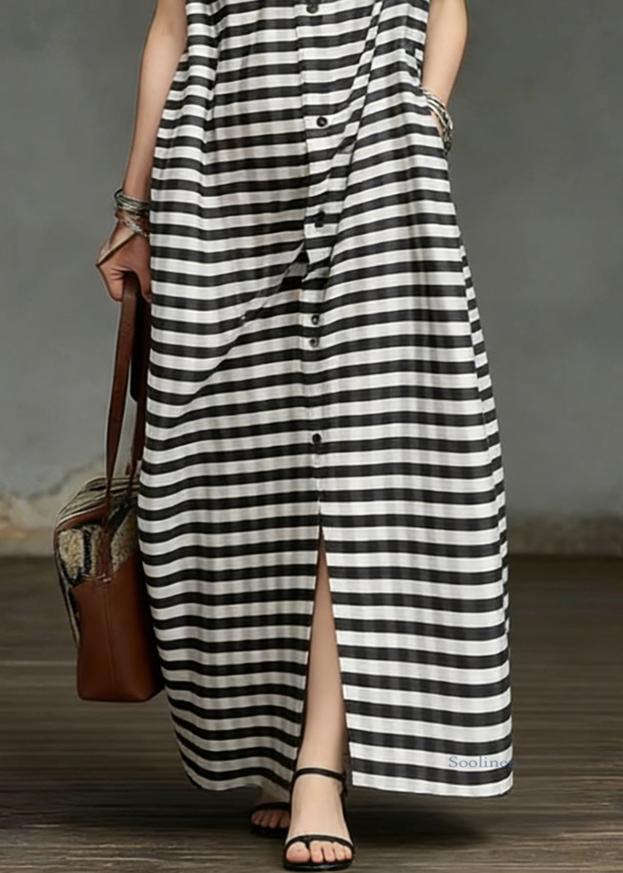 Plus Size Striped Pockets Side Open Cotton Long Dresses Summer