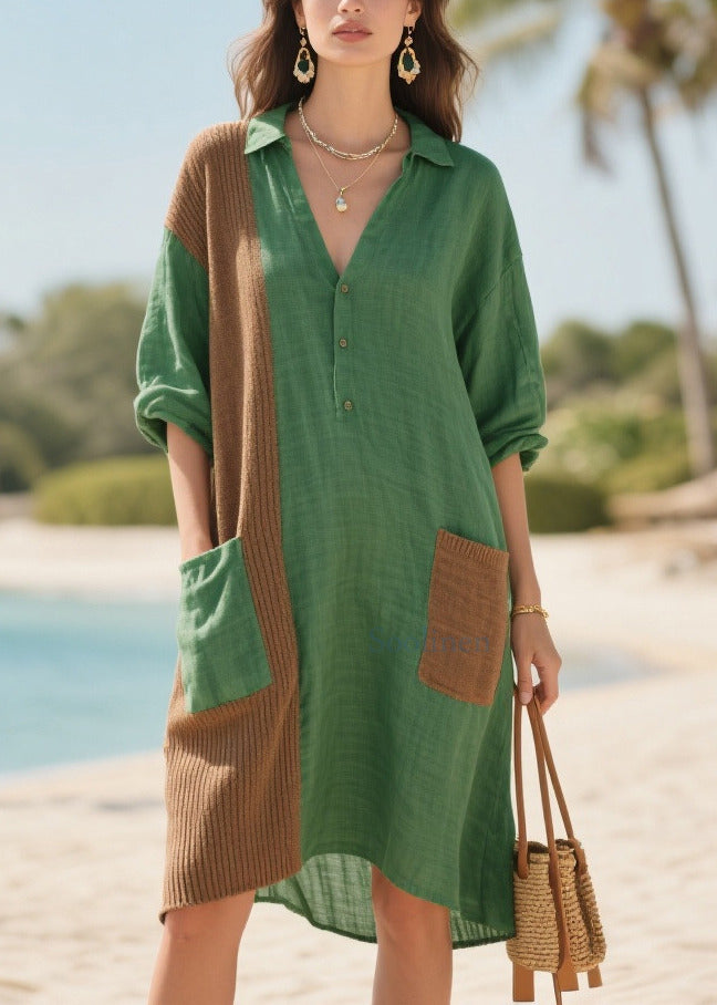 Plus Size Tea Green Oversized Patchwork Pockets Cotton Mid Dresses Summer
