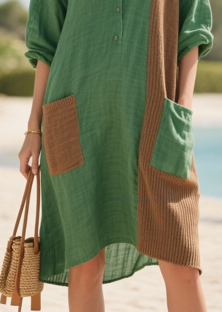 Plus Size Tea Green Oversized Patchwork Pockets Cotton Mid Dresses Summer