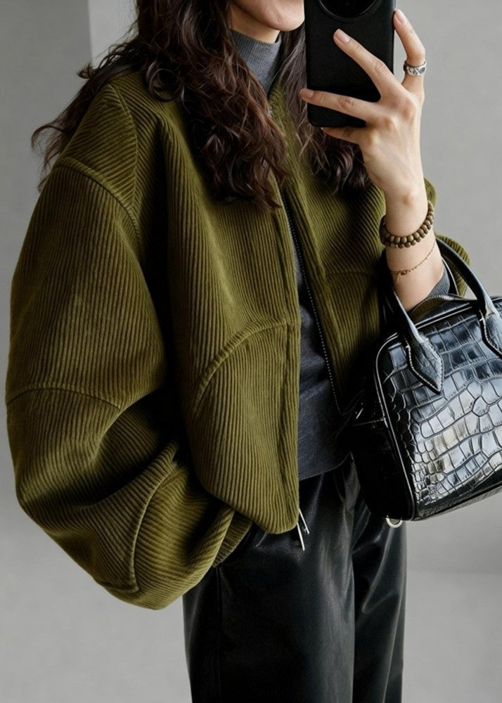 Plus Size Tea Green Oversized Pockets Corduroy Coat Spring