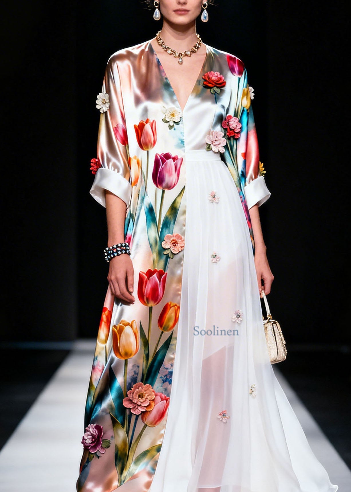 Plus Size V Neck Asymmetrical Design Floral Silk Dress Summer