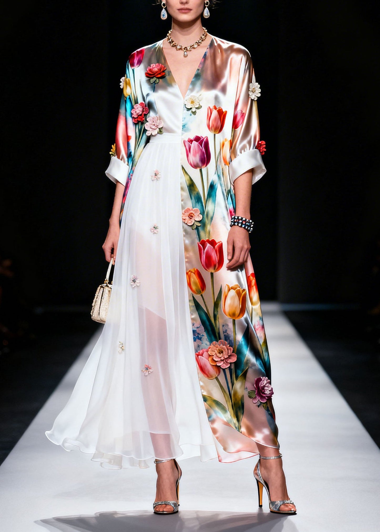 Plus Size V Neck Asymmetrical Design Floral Silk Dress Summer