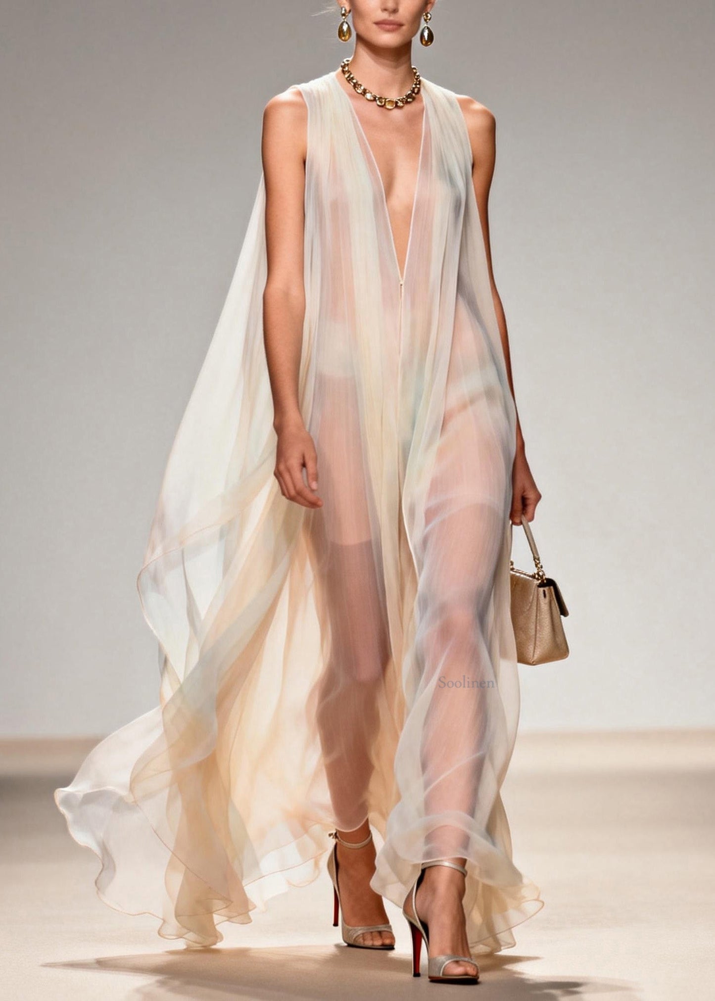 Plus Size V Neck Chiffon Long Dresses Sleeveless