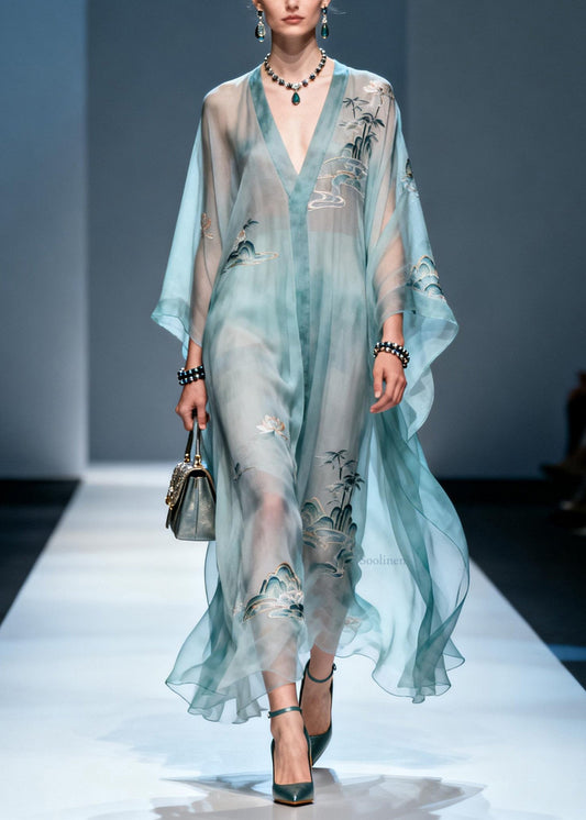 Plus Size V Neck Print Chiffon Long Dress Summer