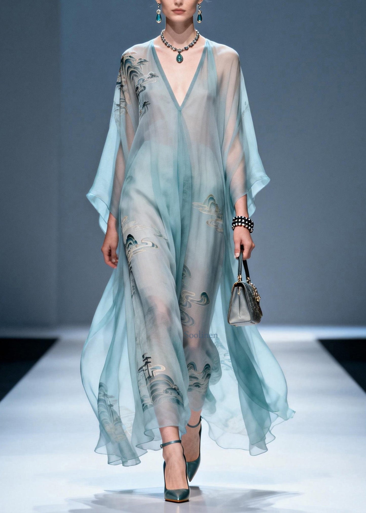 Plus Size V Neck Print Chiffon Long Dresses Summer